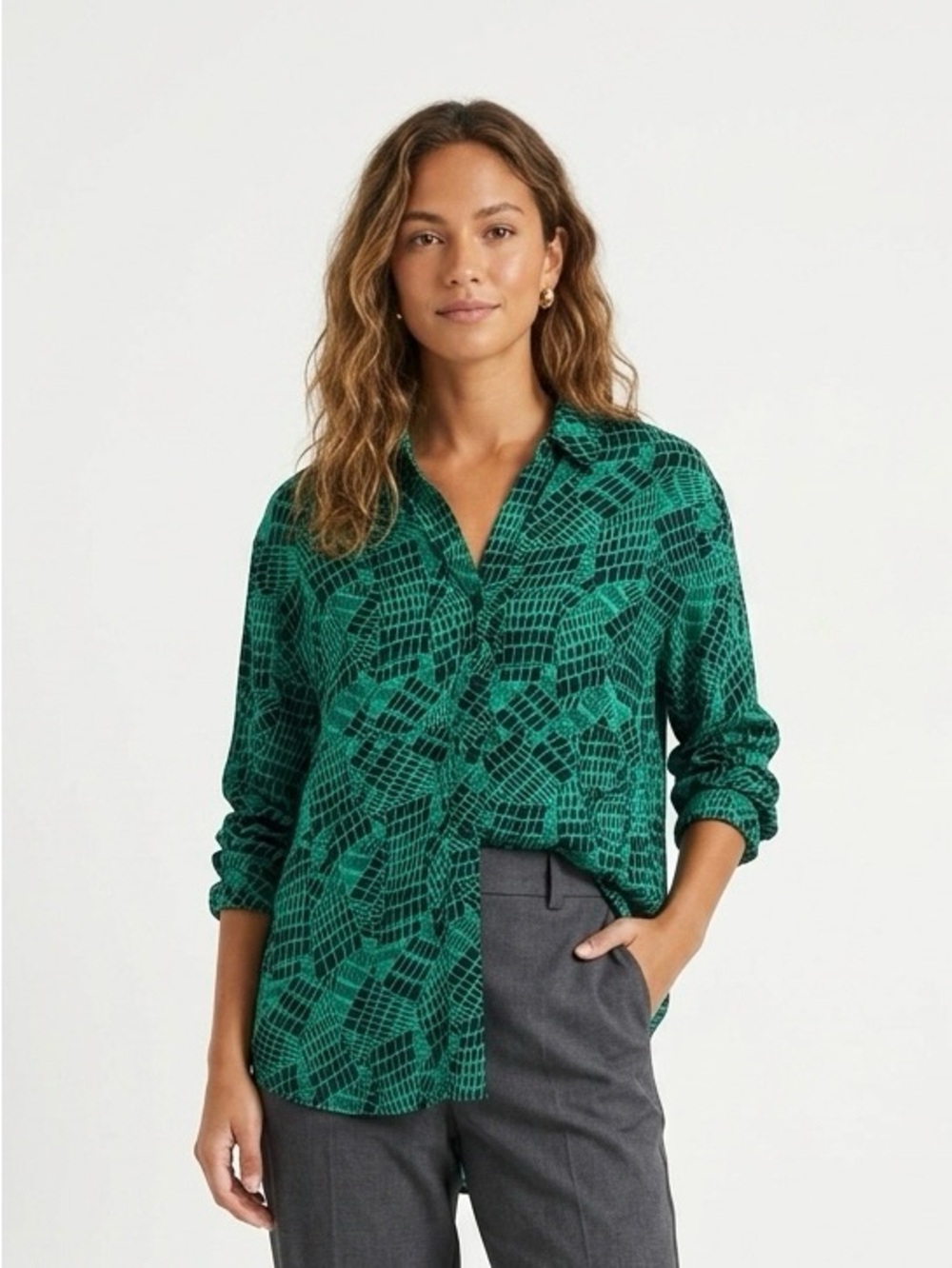 Tracy Reese Green Geometric Button-Down Shirt